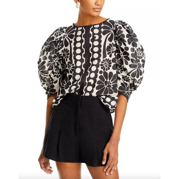 FARM RIO Palermo Puff Sleeve Blouse Black White Womens Size XS - Picture 1 of 13